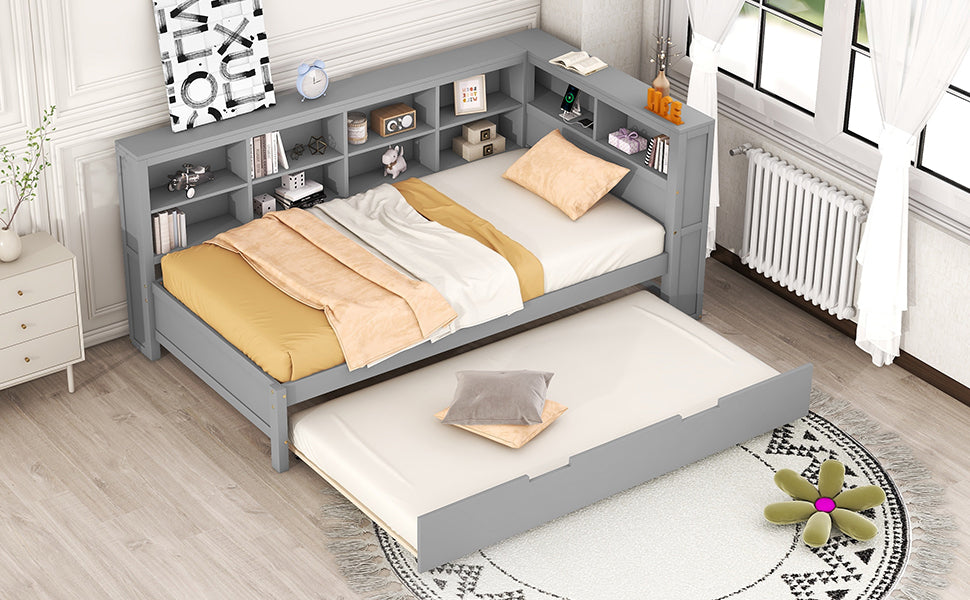 Wooden Twin Size DayBed with Twin Size Trundle, DayBed with Storage Shelf and USB Charging Ports,Grey - Korvel