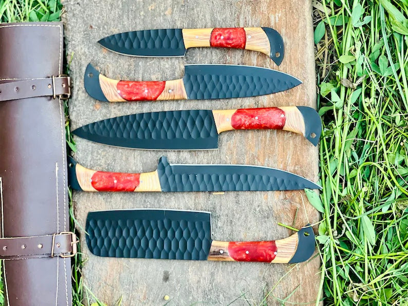 Premium Japanese Chef Knife Set – 13" Hand-Forged Stainless Steel with Olivewood Handle & Leather Sheath - Korvel