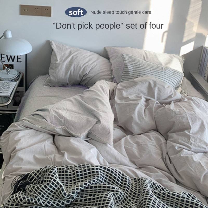 Solid Color Simple Four-Piece Set Flannel Quilt Cover INS Style Quilt Cover Dormitory Summer Washed Cotton Bedding Three-Piece Set - Korvel
