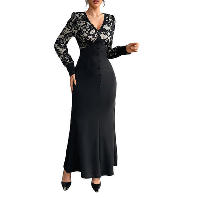 Sexy Retro Lace Splicing Long Sleeve V-neck Dress for Evening and Date - Korvel