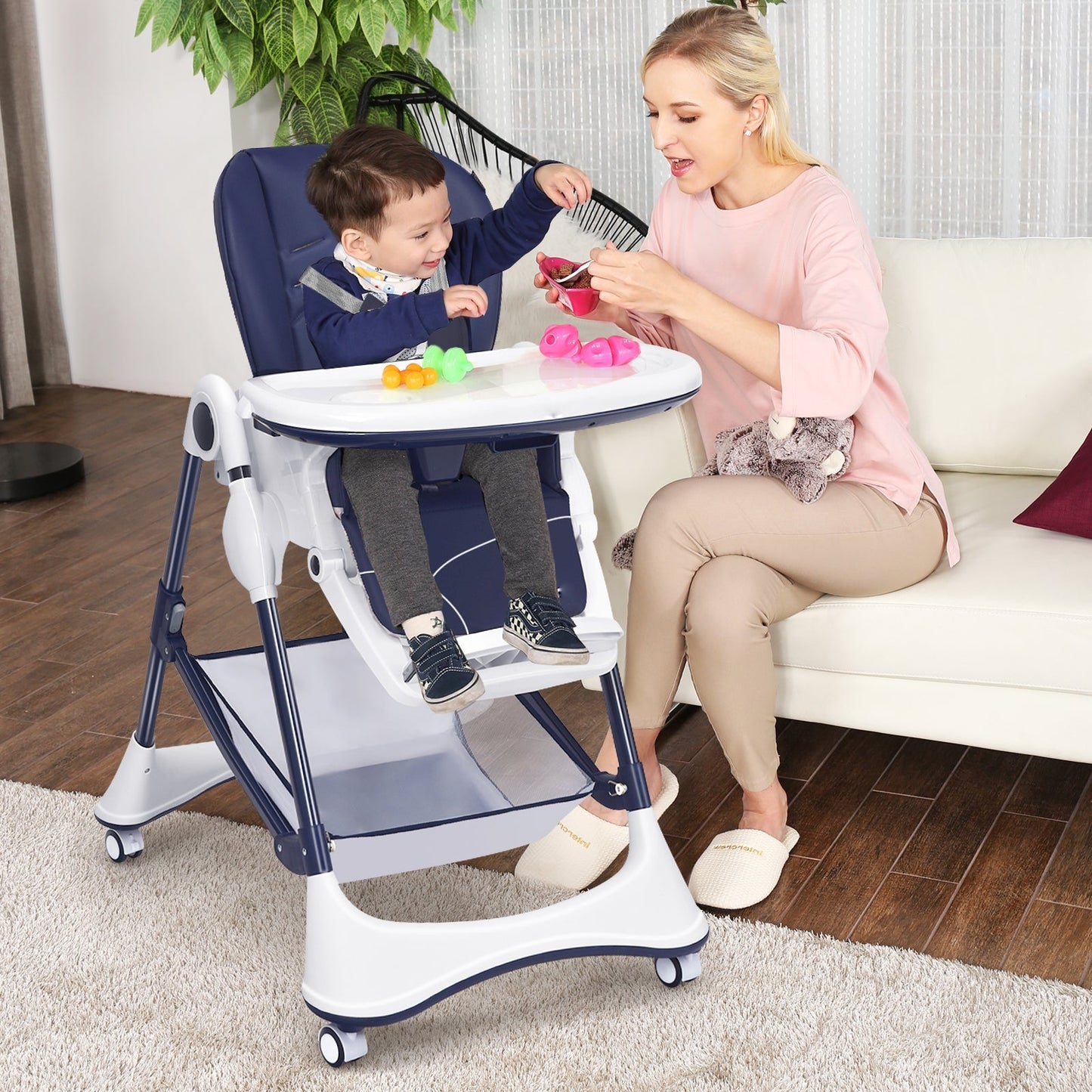 Gbruno A-Shaped High Chair with Lockable Wheels - Navy