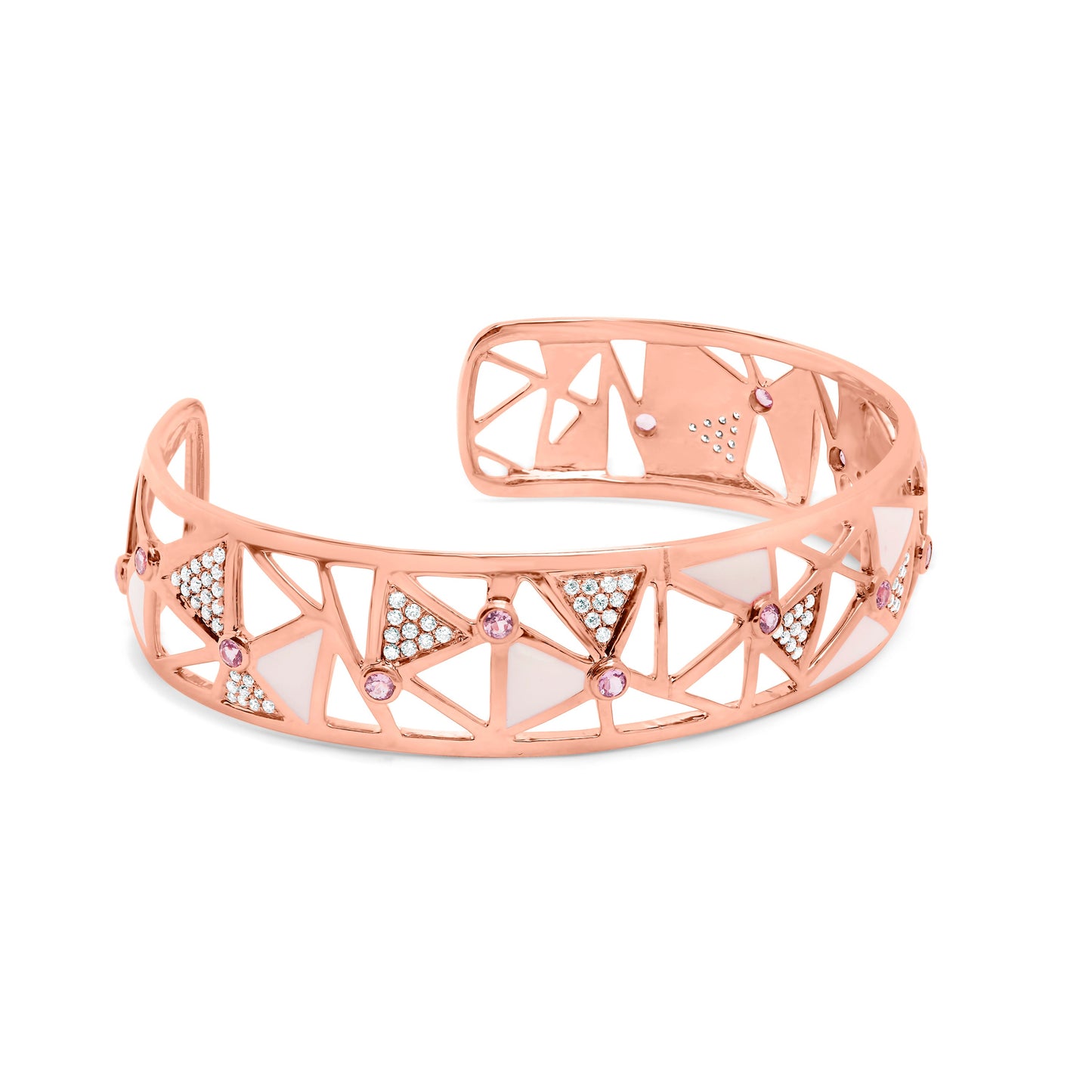 14K Rose Gold Diamond & Pink Tourmaline Open Cuff Bangle - 7"