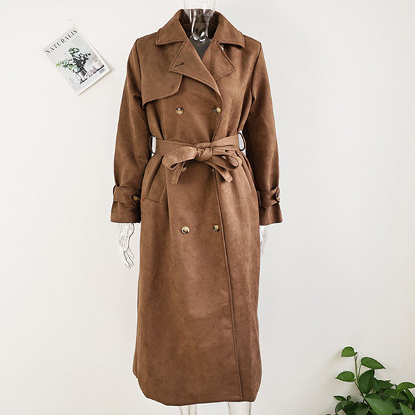 Manteau long en suède vintage à double boutonnage avec ceinture