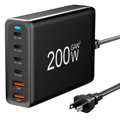 200W Fast Wall Charger with 6 Ports - Premium USB Charging Station