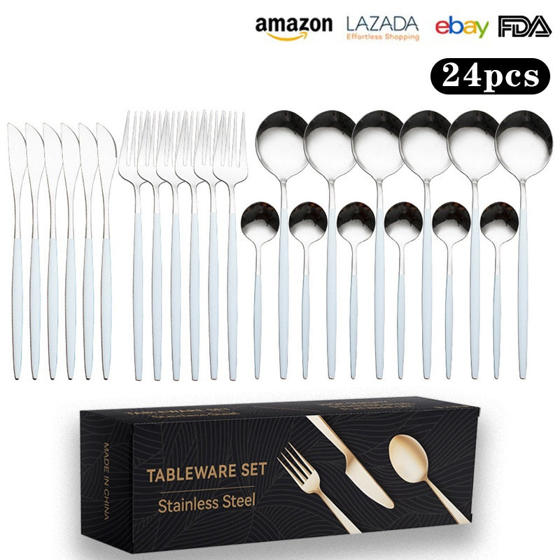 Cutlery Set Stainless Steel Knife Fork Set 24-Piece Tableware Set Golden Steak Knife Fork Spoon 6-Person Set - Korvel