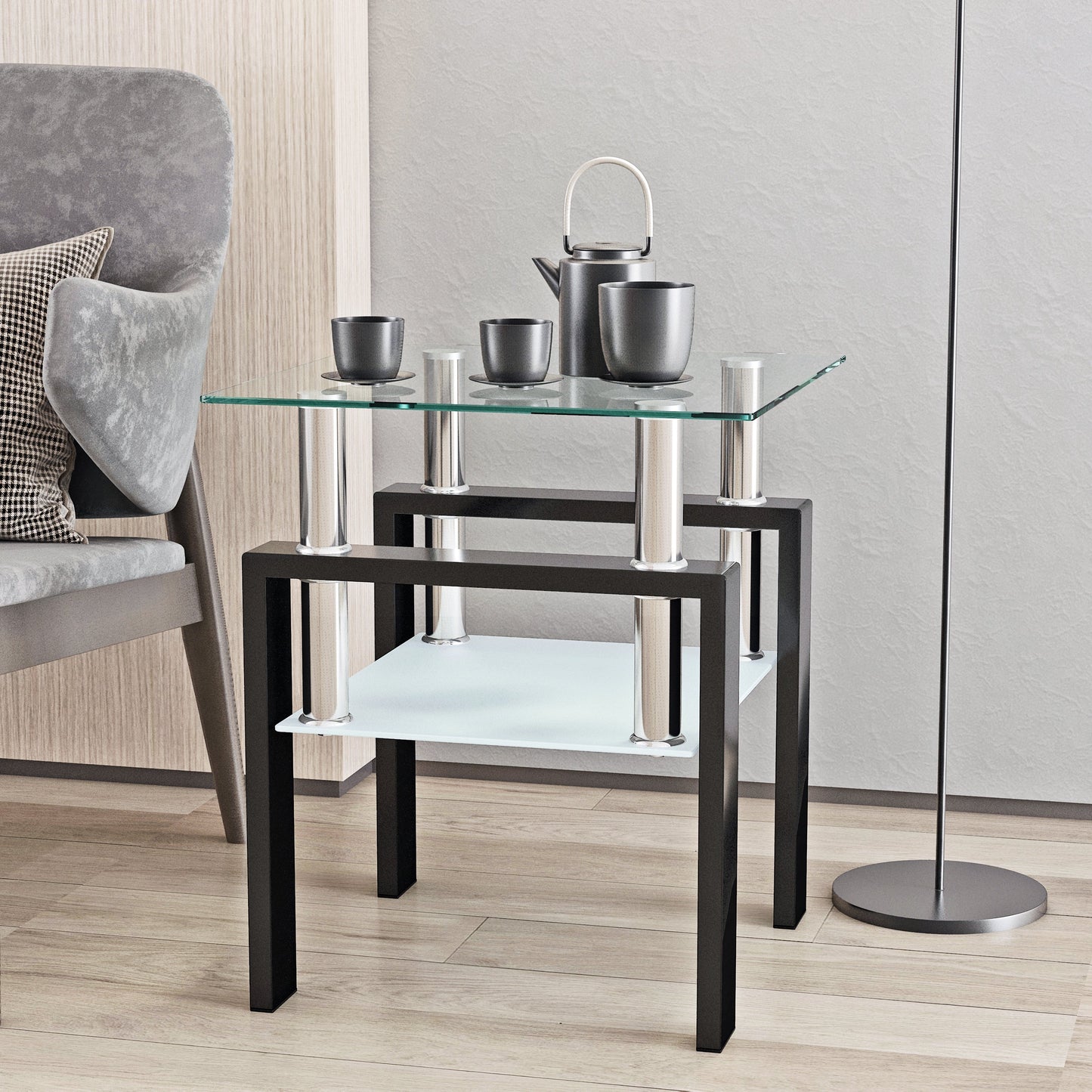 1-Piece Modern Tempered Glass Tea Table Coffee Table End Table, Square Table for Living Room, Transparent/Black - Korvel