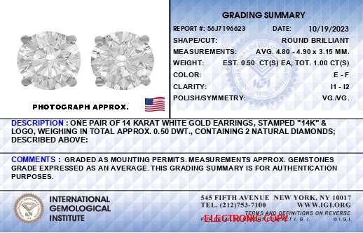 IGI Certified 14K White Gold Diamond Push Back Stud Earrings