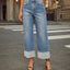 Straight leg jeans women's retro rolled edge high waisted pants - Korvel