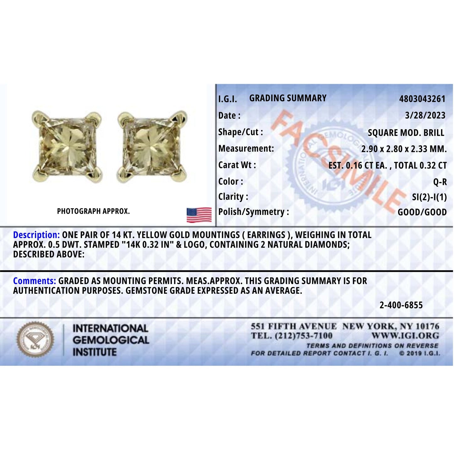 Pendientes de Diamante en Corte Princesa de 14k de Oro Amarillo Certificados por IGI