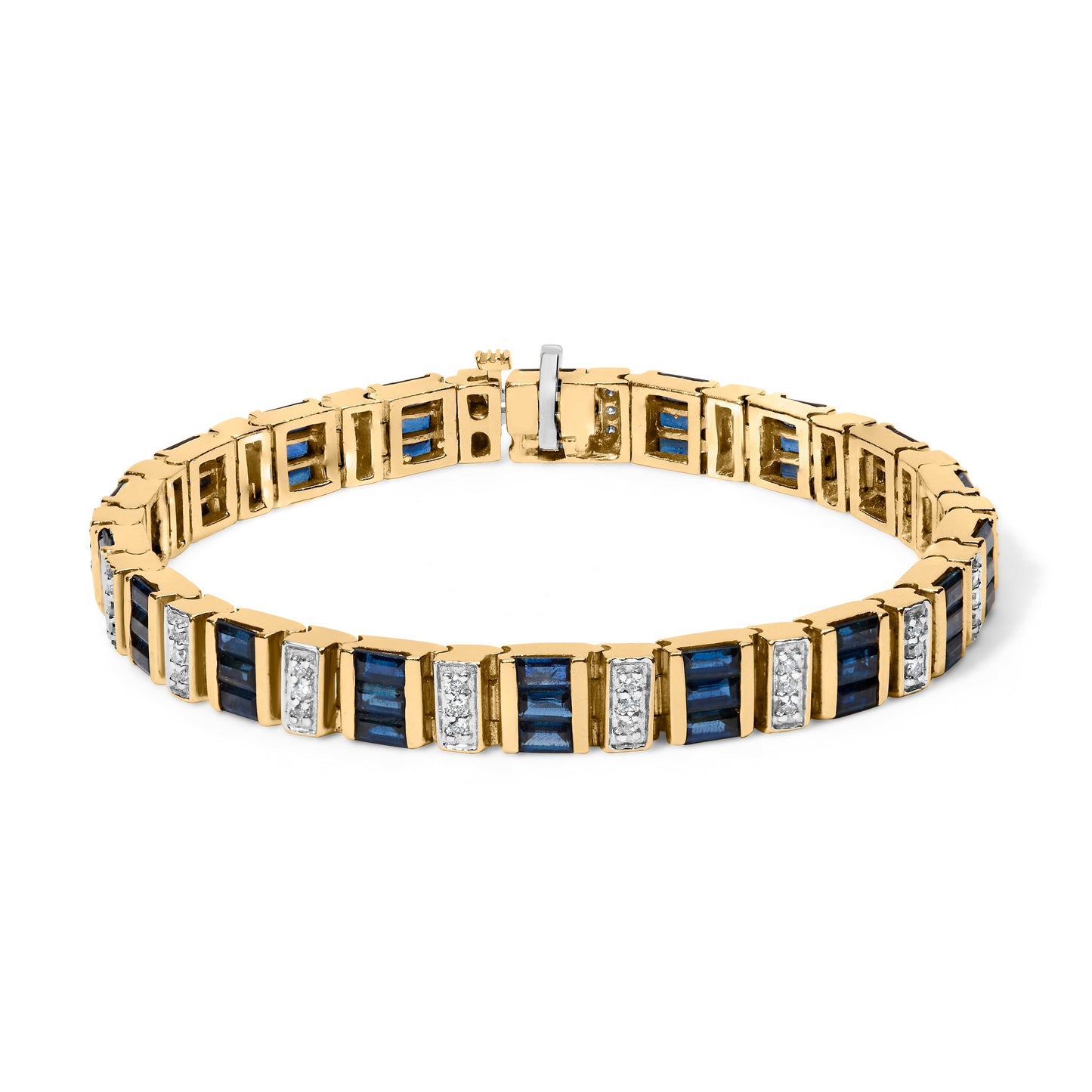 Pulsera de eslabones de diamantes y zafiros azules de oro amarillo de 14K - 7"