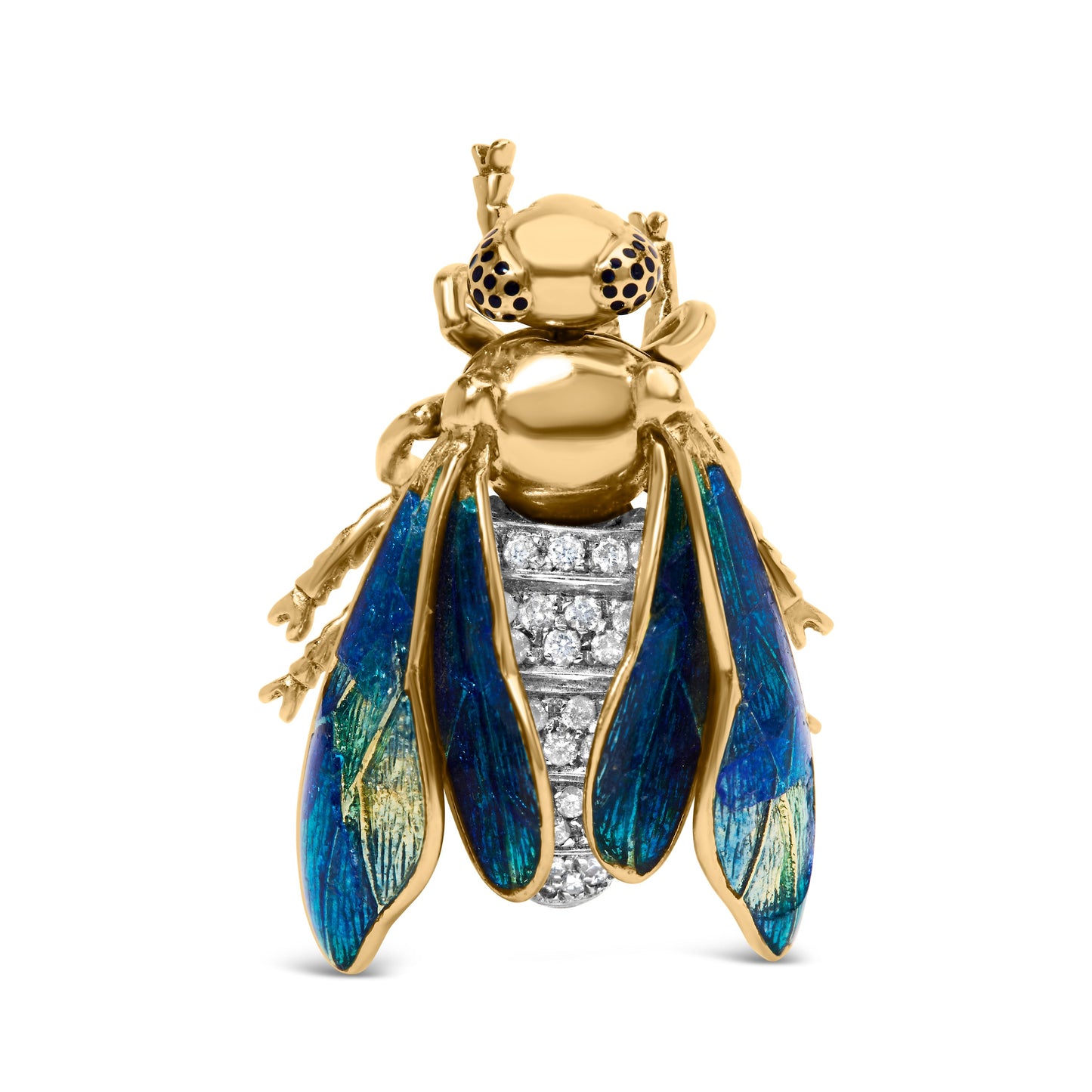 Broche en or jaune 18K en forme de bourdon avec diamants et émail