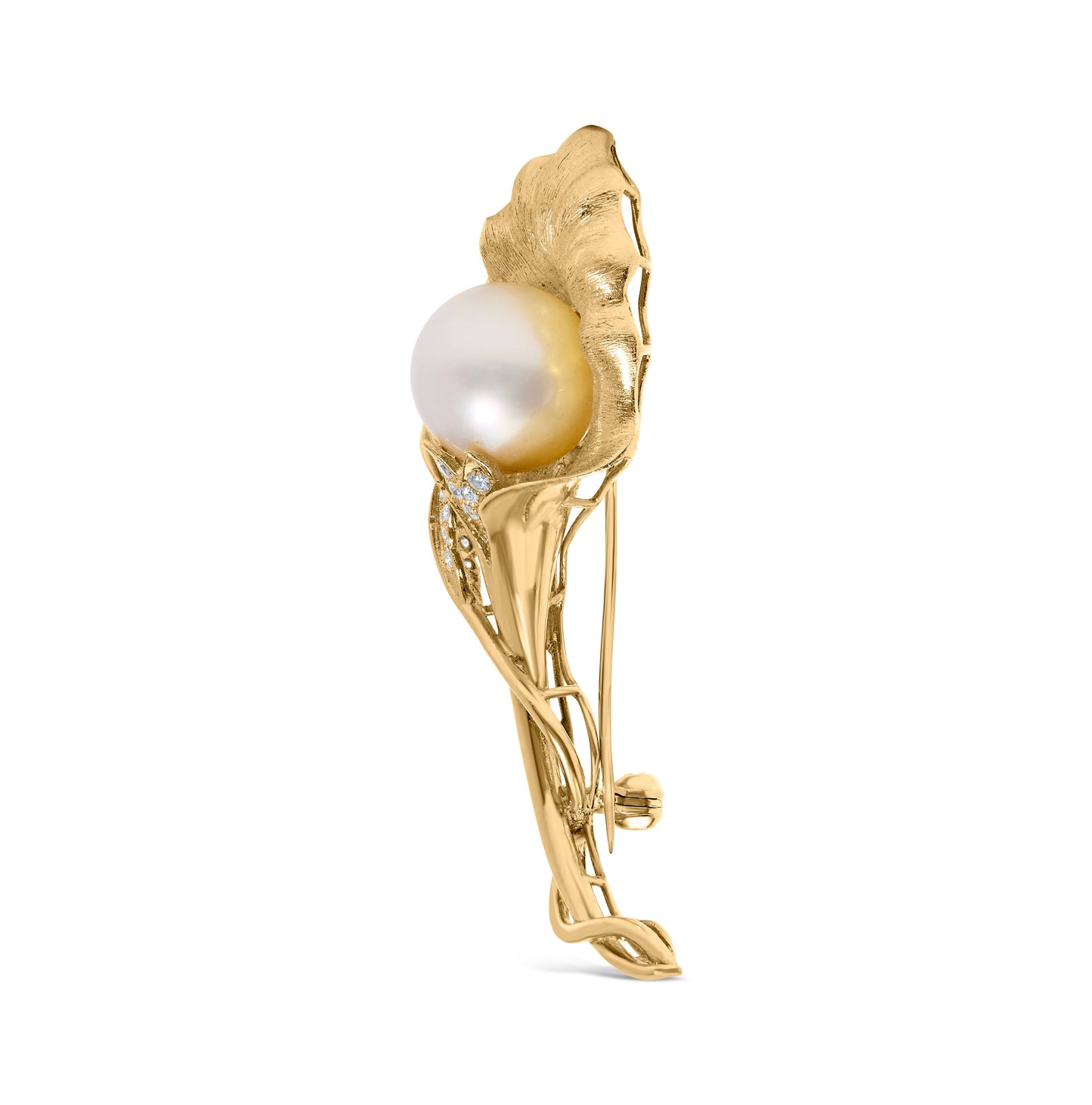 Broche de Flor de Diamante y Perla del Mar del Sur en Oro Amarillo de 18K