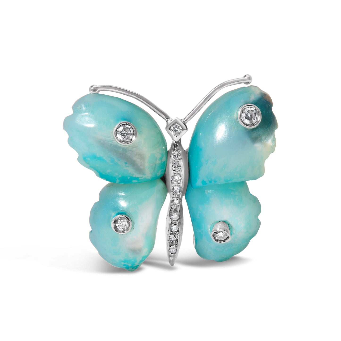 Alfiler de mariposa de madreperla azul en oro blanco de 18 quilates