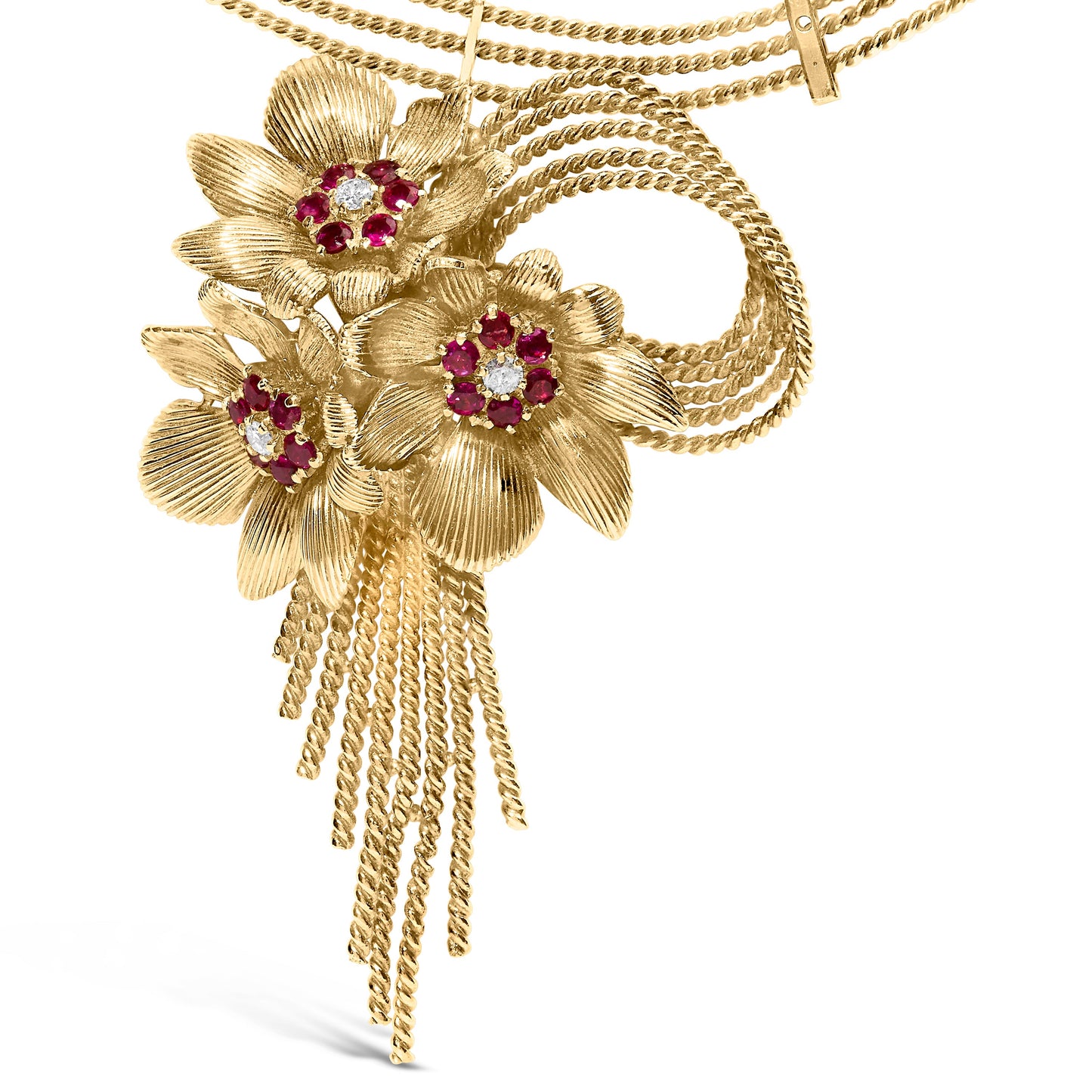 Collier Cascade Floral en Diamant et Rubis en Or Jaune 18K
