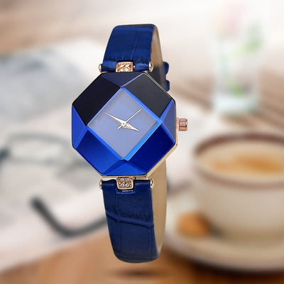 Elegant Women's Gem Cut Quartz Leather Watch - 5 Colors