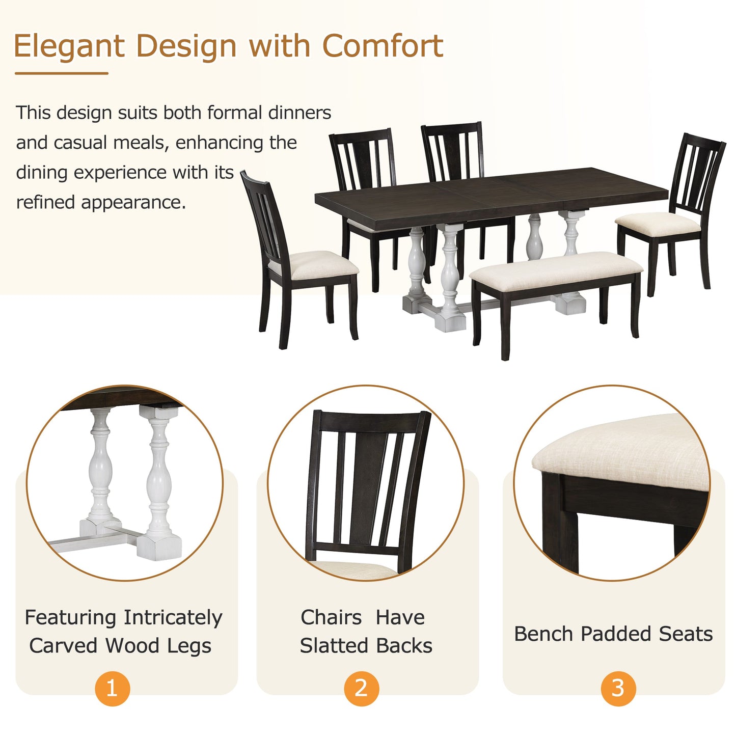 Traditional 6-Piece 78inch Trestle Extendable Dining Table Set with One 18inch Removable Leaf Distressed White - Korvel