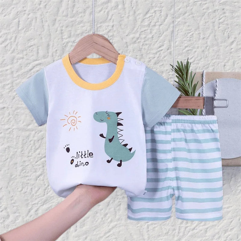 T-shirt+Shorts 2-Piece Clothing Set Pajamas Summer Kids Baby Boys Girls Cotton Casual Tracksuit Cartoon Dinosaur Clothes Suit - Korvel