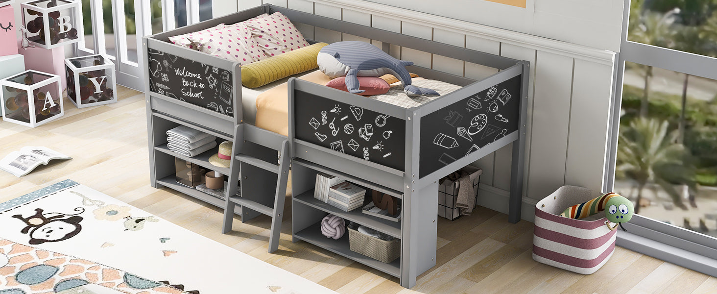 Twin Size Low Loft Bed with Two Movable Shelves and Ladder,with Decorative Guardrail Chalkboard,Gray - Korvel
