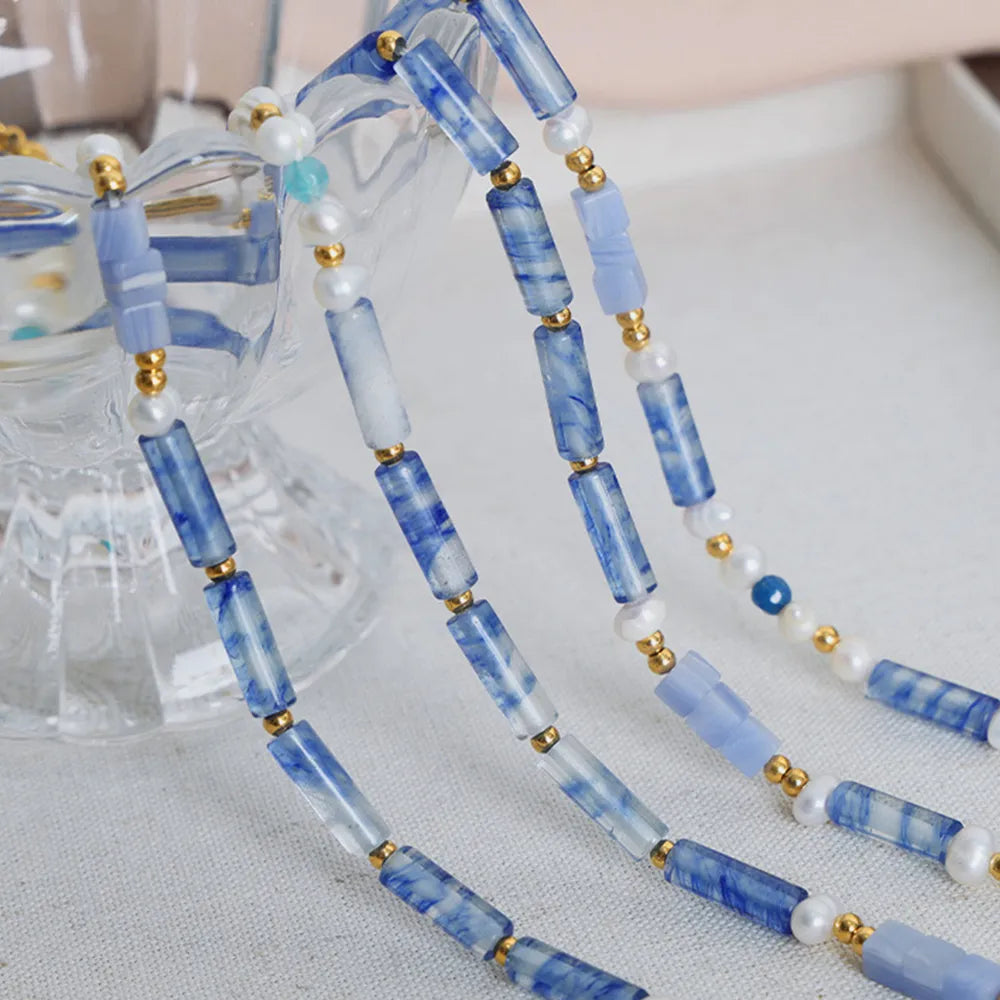 Freshwater Pearl and Titanium Steel Geometric Bead Necklace