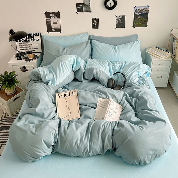 Washed Cotton Solid Color Double Spliced Four-Piece Bedding Set - Sheet, Quilt Cover, Pillowcases for Employee and Dormitory Use - Korvel