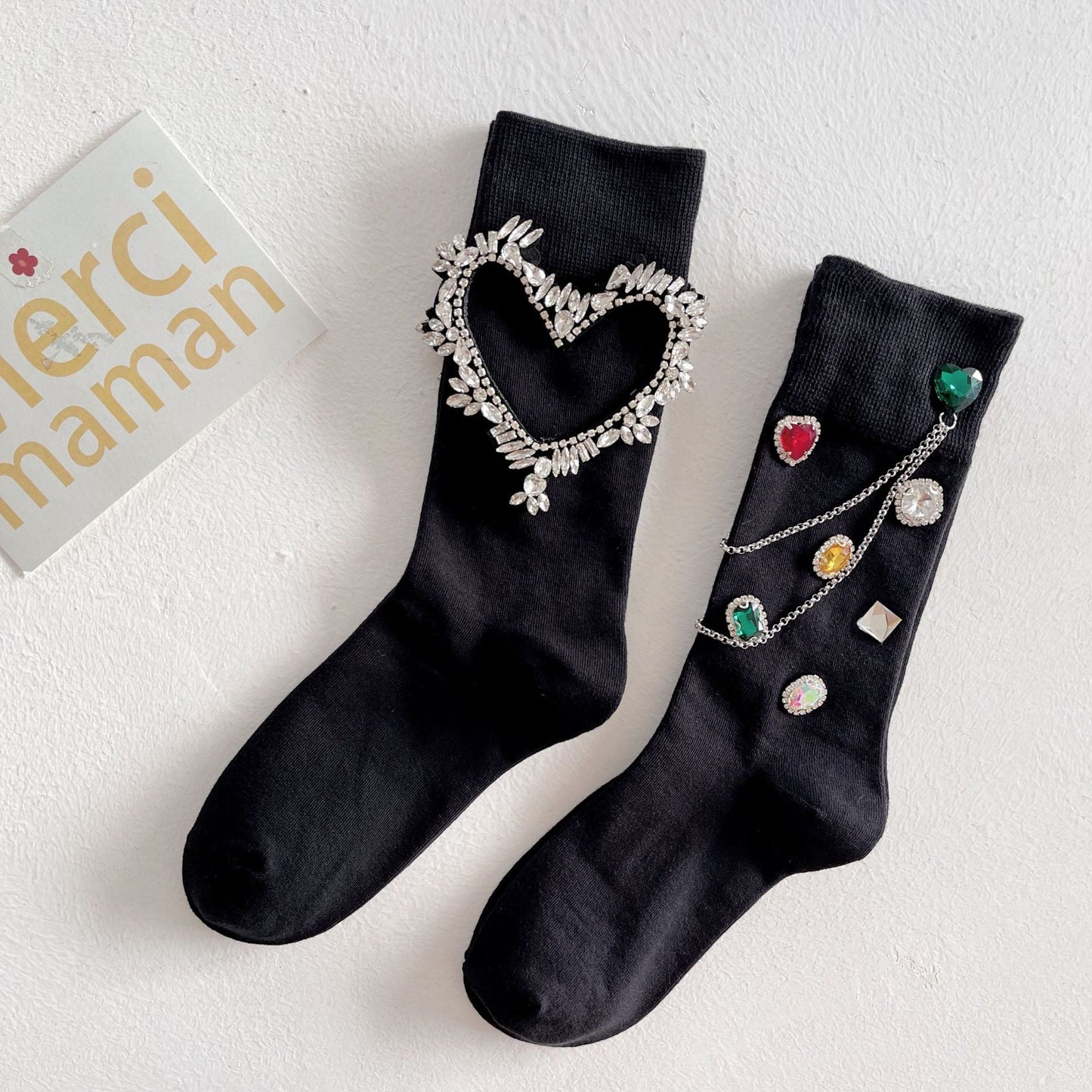 Luxury Black Chain Stacked Crew Socks for Women