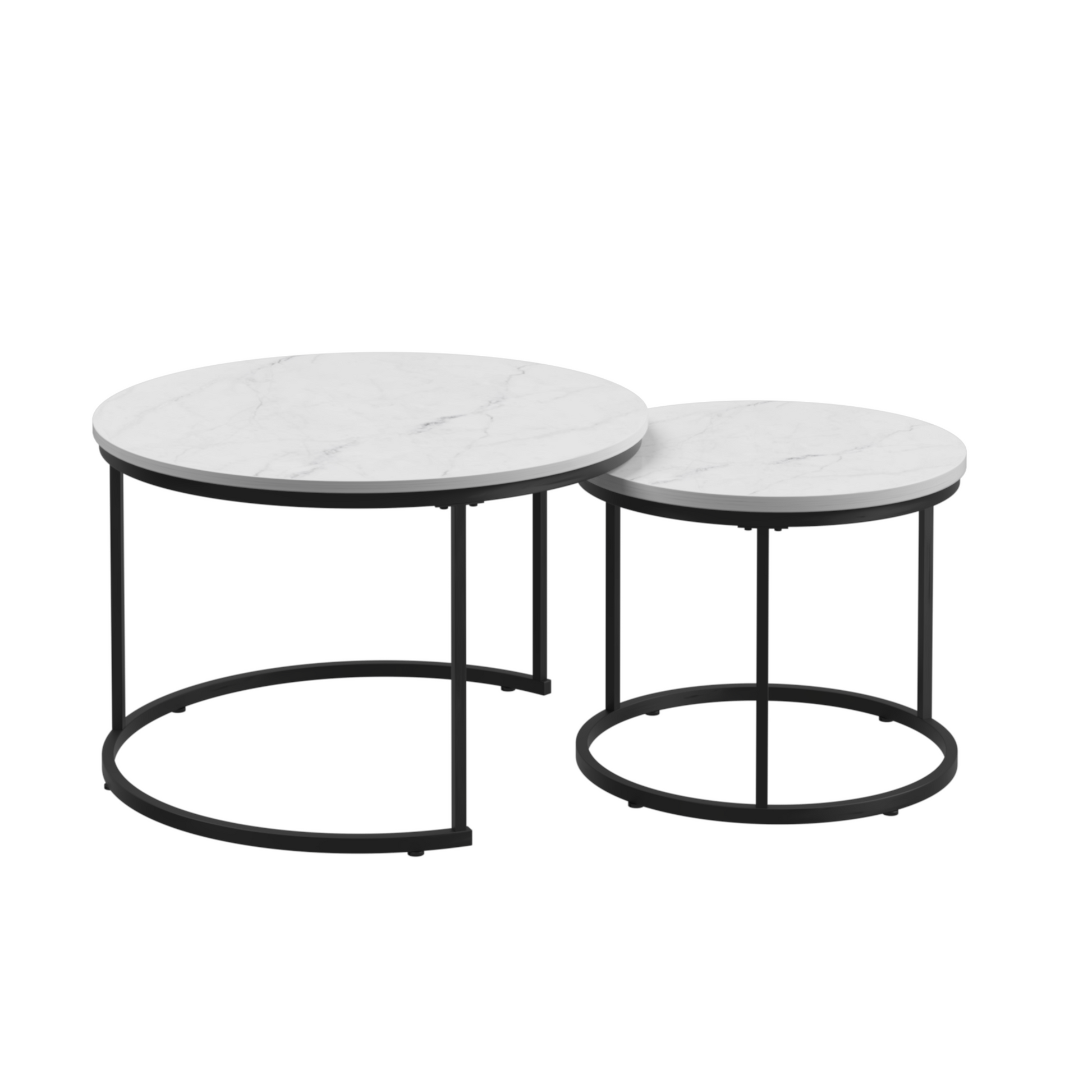 A set of nested 27.6-inch circular coffee tables with a wooden marble patterned tabletop and a sturdy metal frame (white) - Korvel