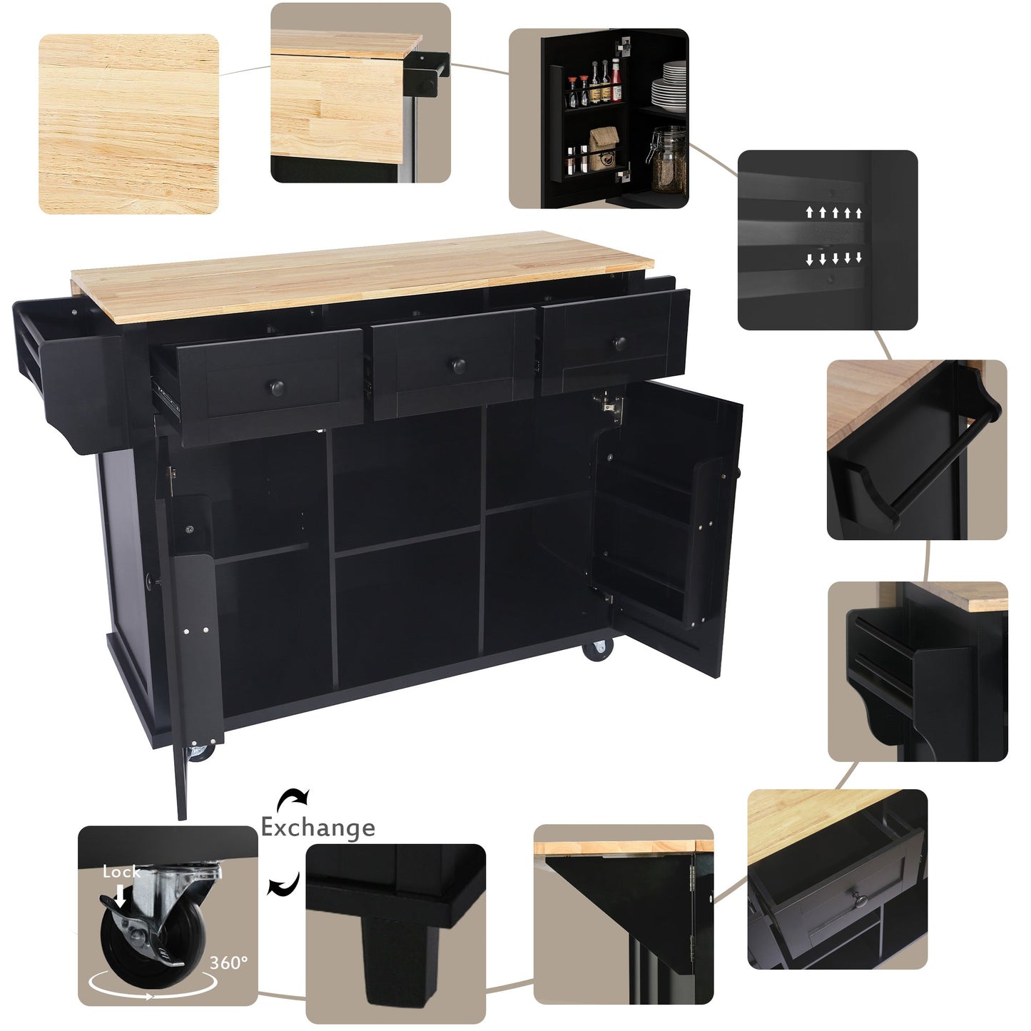 Kitchen trolley with rubber wood leaf countertop, 5-wheel kitchen island, storage cabinet and 3 dining drawers, black - Korvel