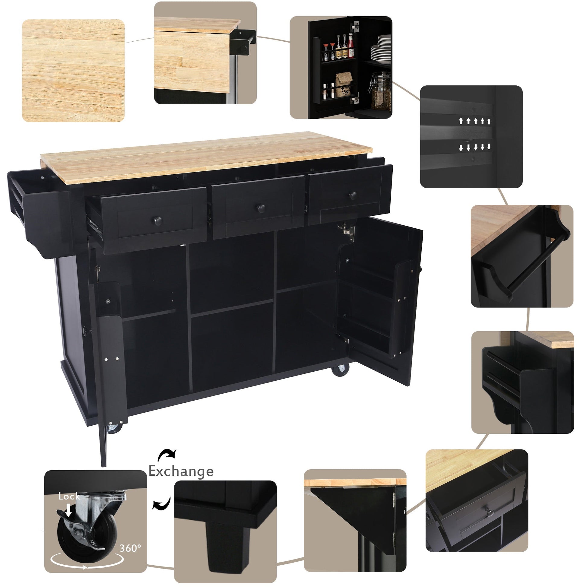 Kitchen trolley with rubber wood leaf countertop, 5-wheel kitchen island, storage cabinet and 3 dining drawers, black - Korvel