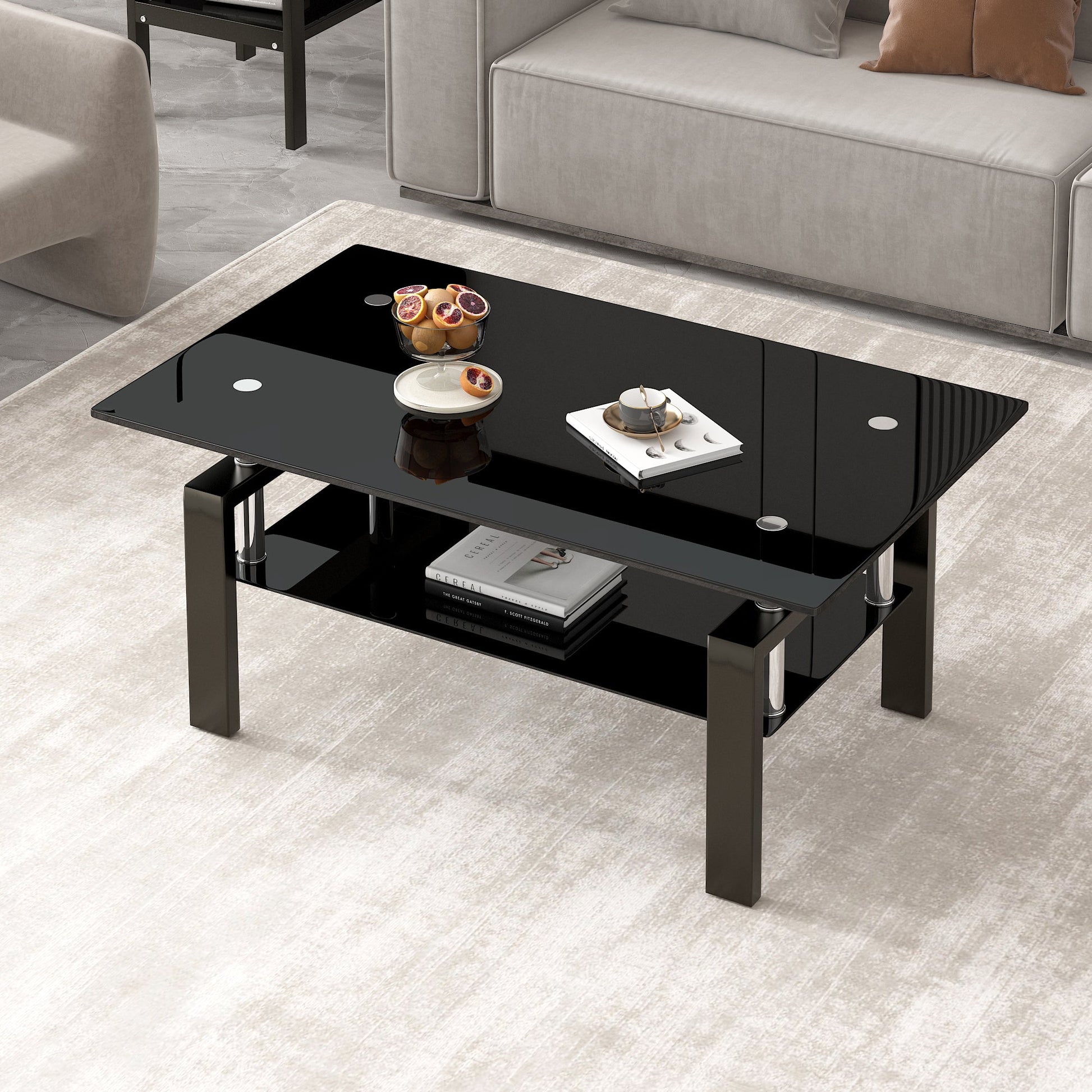 Black Tempered Glass Coffee Table, 2 Layer Storage Tea Table - Korvel