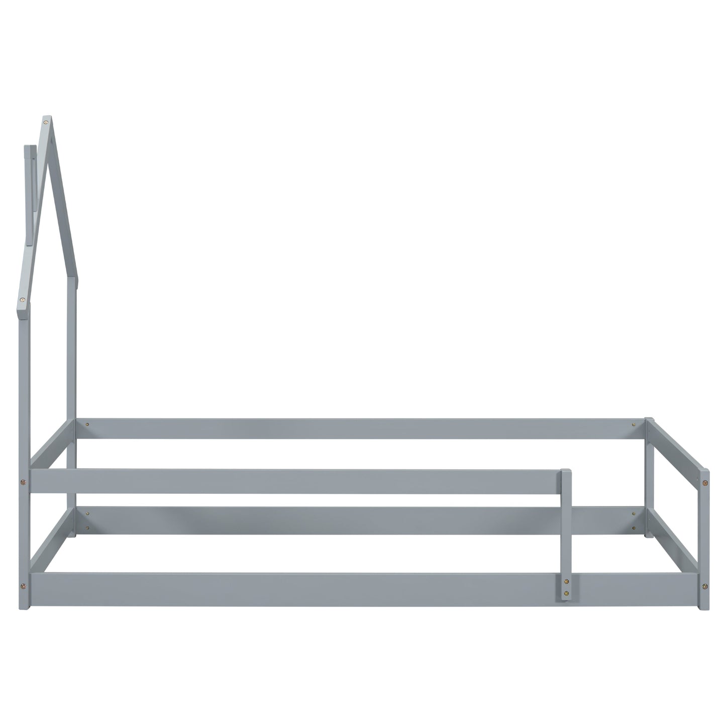 Lit simple taille jumeau en bois gris avec tête de lit en forme de maison