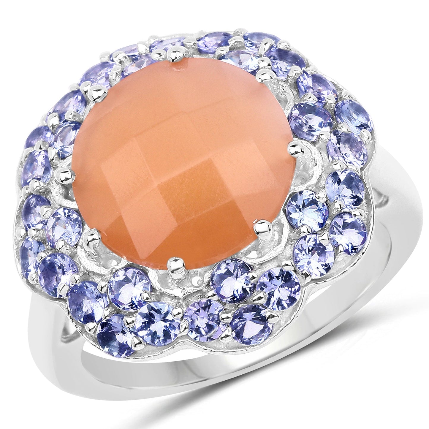 Anillo de Plata de Ley con Piedra Luna Melocotón y Tanzanita de 7.20 Quilates