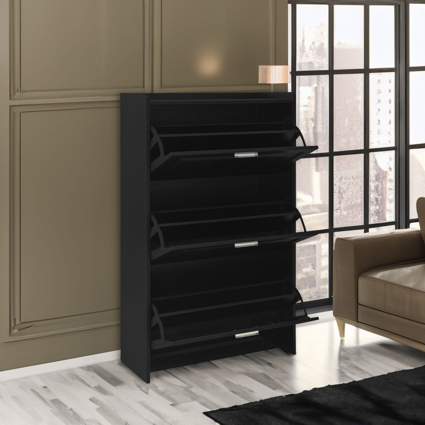 U-Can Shoe Storage Cabinet for Entryway with 3 Flip Drawers, Modern Shoe Organizer Cabinet, Free Standing Shoe Rack Black - Korvel