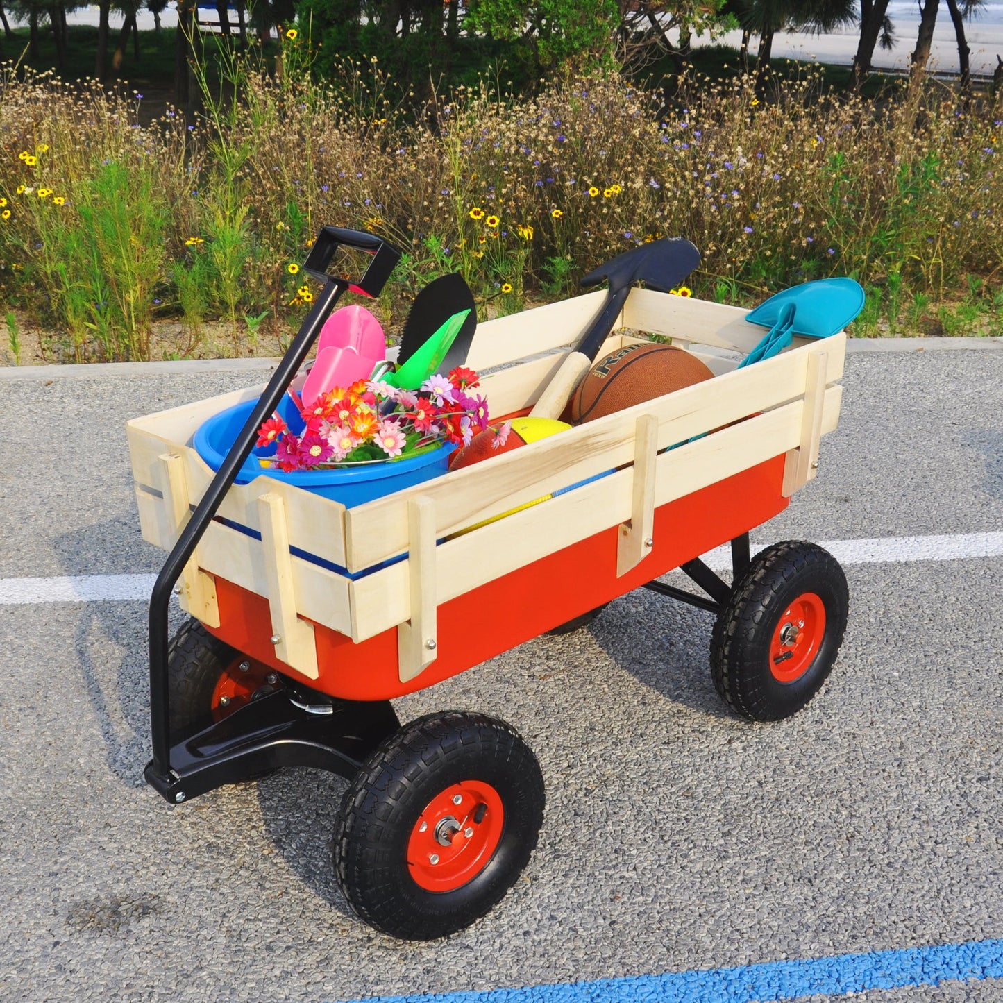 Outdoor Wagon All Terrain Pulling w/Wood Railing Air Tires Children Kid Garden（Red） - Korvel