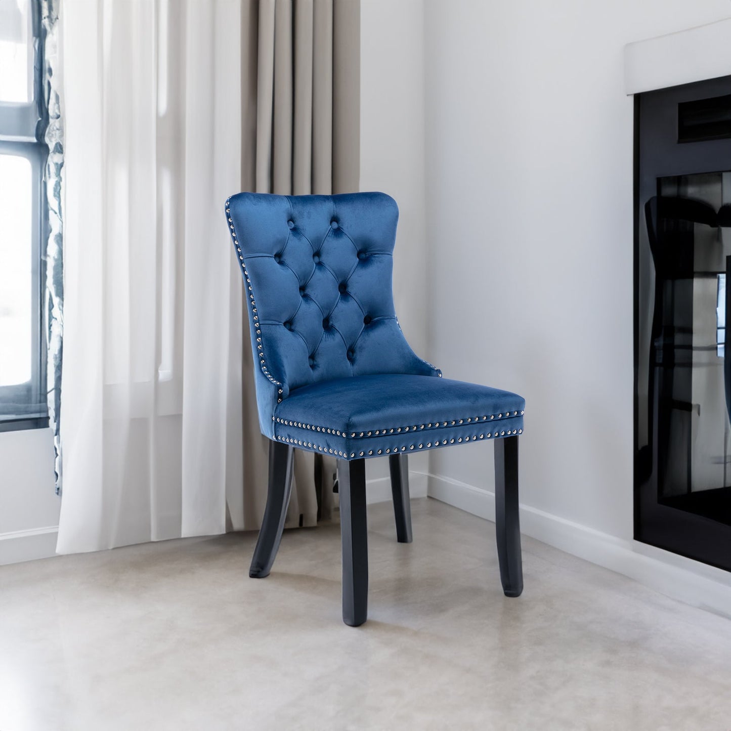 High-end Tufted Solid Wood Contemporary Velvet Upholstered Dining Chair with Wood Legs Nailhead Trim 2-Pcs Set Blue - Korvel