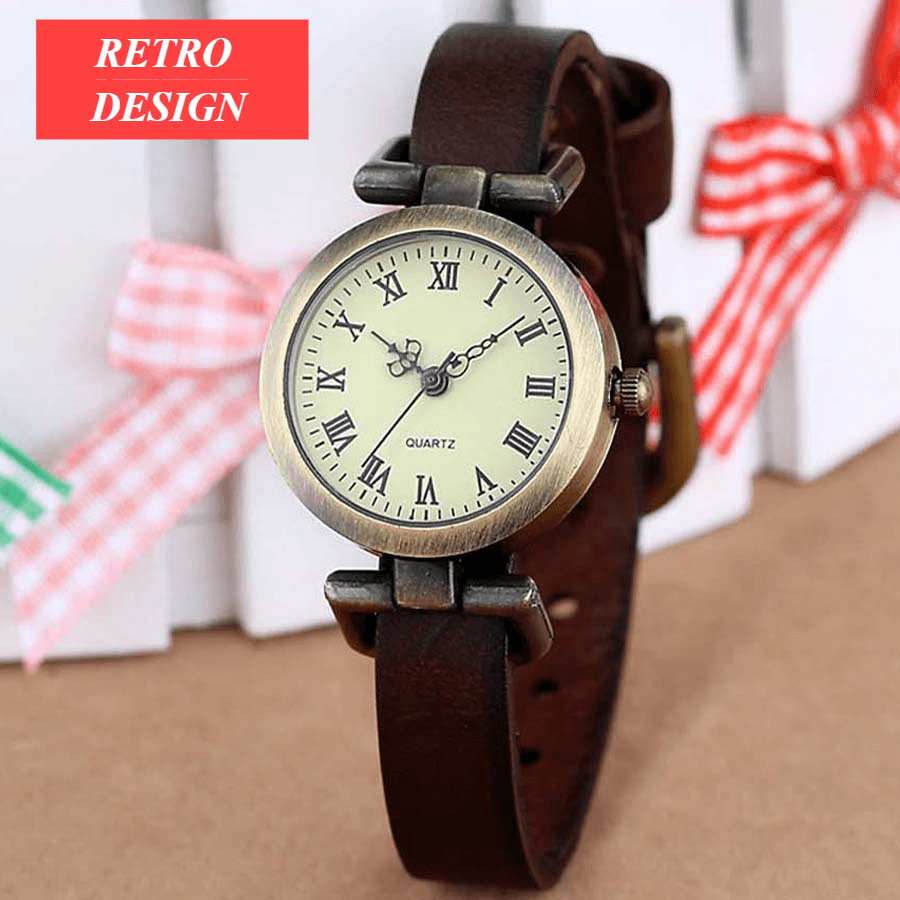 Montre en cuir vintage pour femmes avec cadran noir