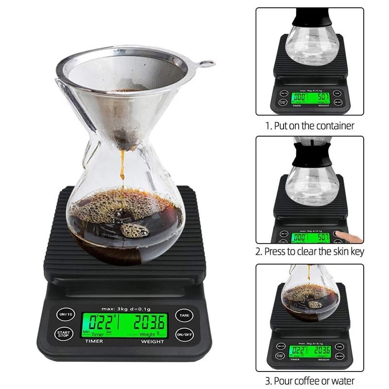 Digital kitchen coffee scale with timer, high - precision LCD, 5kg/0.1g - Korvel