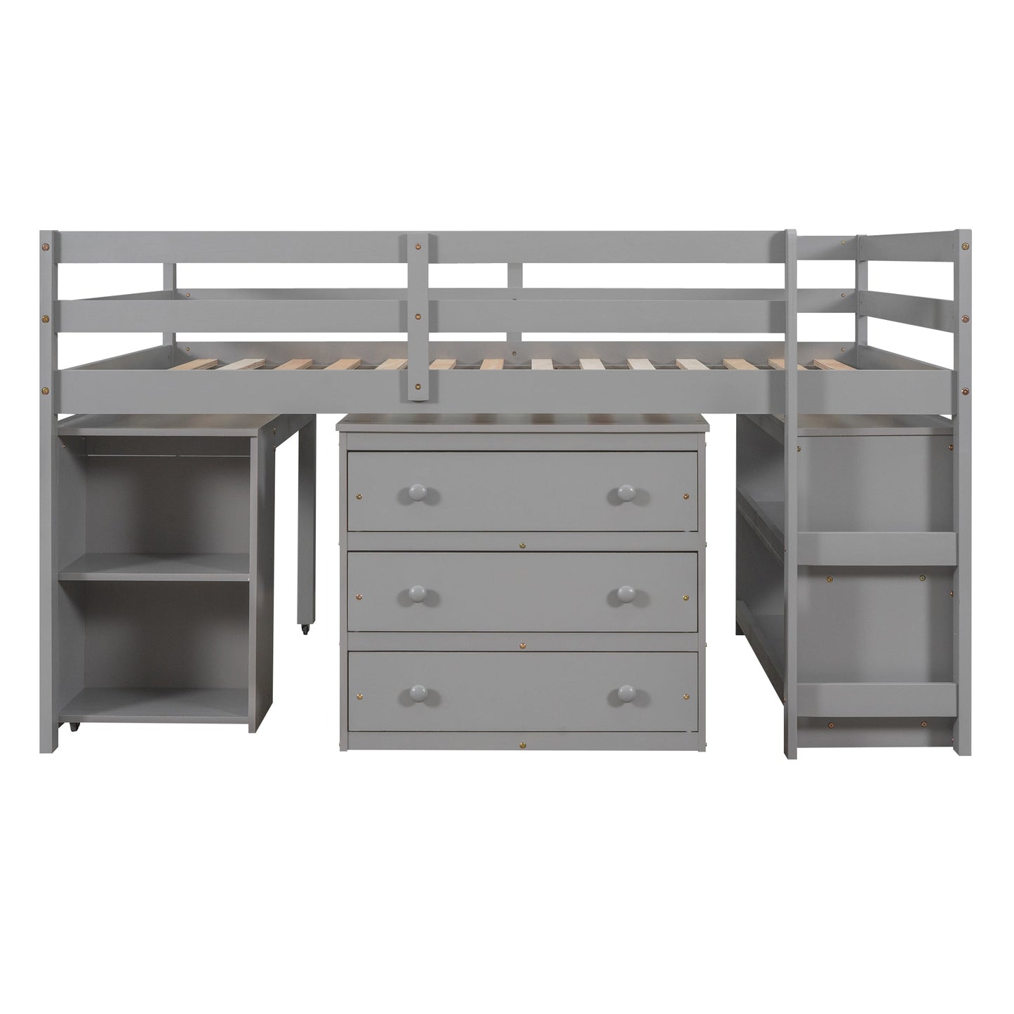 Low Study Full Loft Bed with Cabinet Shelves and Rolling Portable Desk Multiple Functions Bed- Gray - Korvel