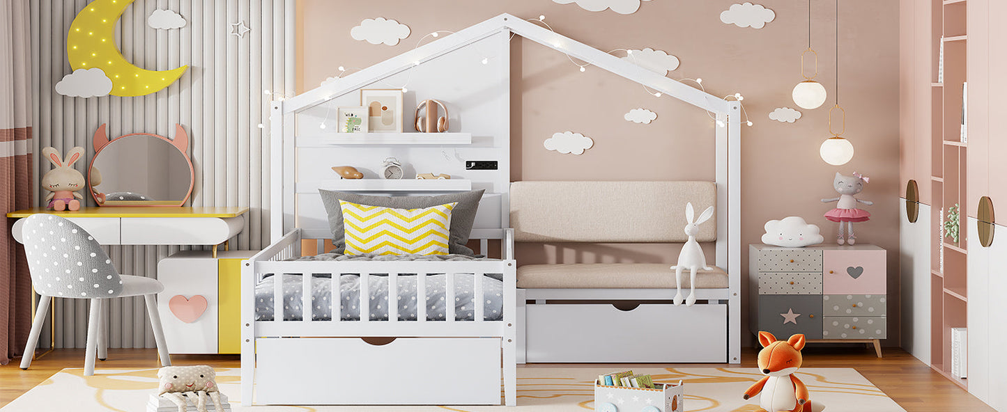 Twin Size House Bed with Upholstered Sofa and Charging Station