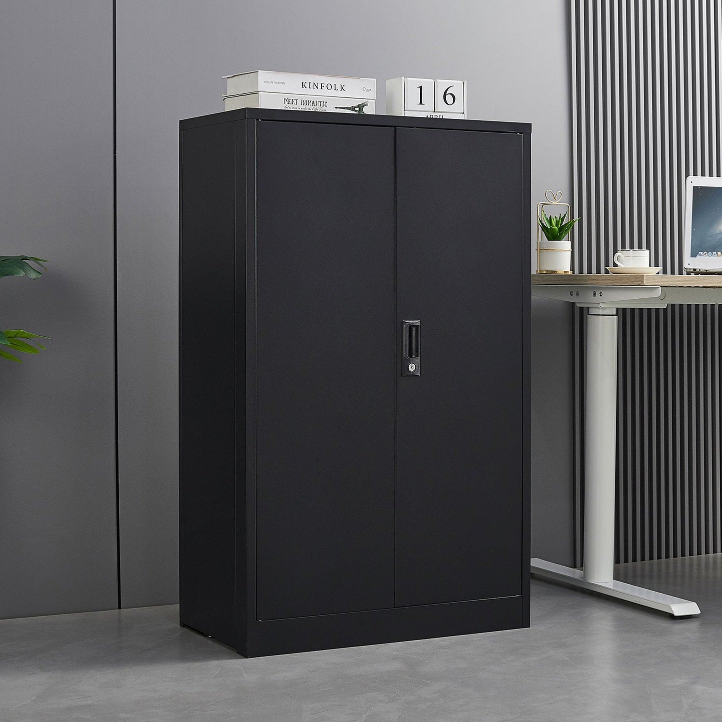 Metal storage cabinet with locked door and adjustable shelf foldable storage cabinet black - Korvel