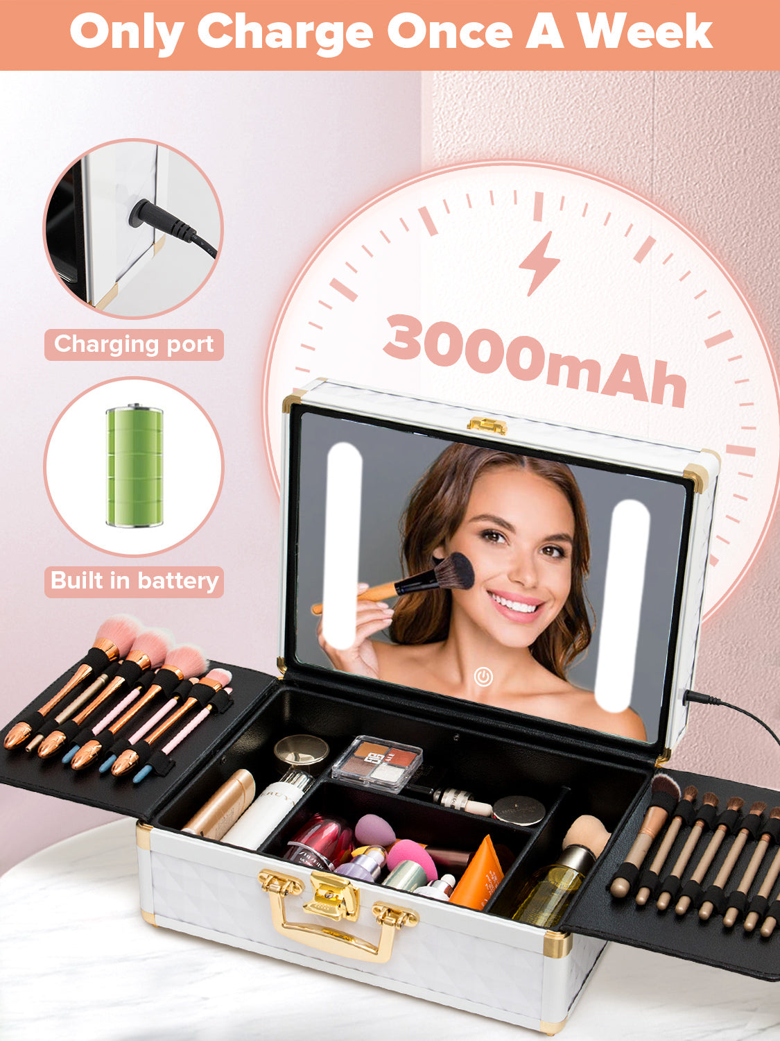 Portable makeup case, travel makeup bag with LED mirror, locked makeup storage box, brush holder, divider, rechargeable, white - Korvel
