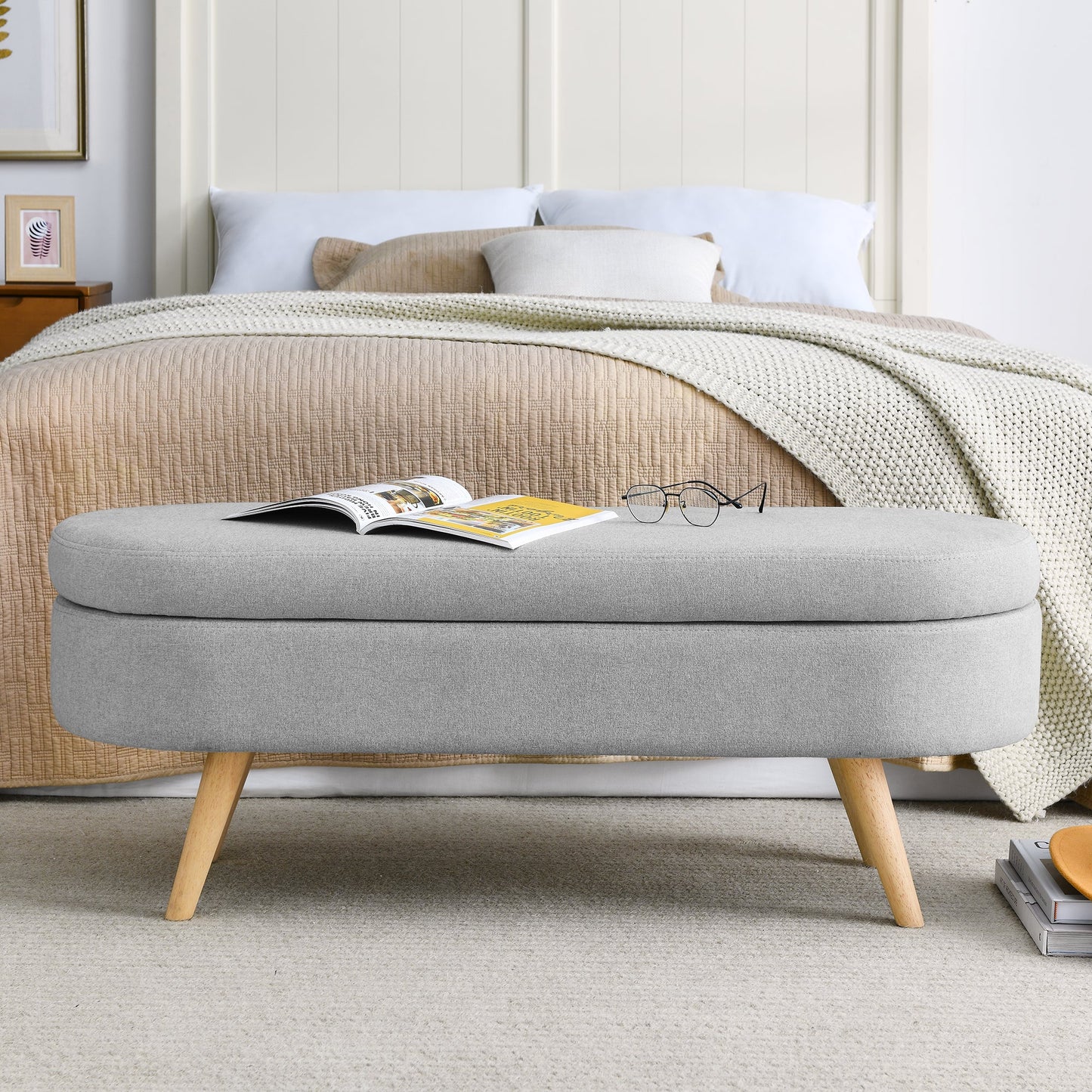 Ottoman Oval Storage Bench Rubber Wood Legs Grey(43.5"x16"x16") - Korvel