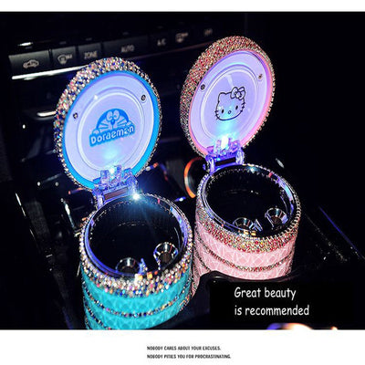 Portable Car ashtray with Light Hello Kitty KT Accessories for Girls Led Car Ash Tray Ashtray Storage Cup Holder Crystal Diamond - Korvel