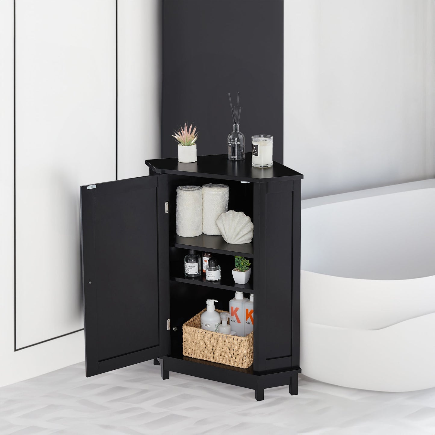 Black Bathroom Cabinet Triangle Corner Storage Cabinet with Adjustable Shelf Modern Style MDF Board - Korvel
