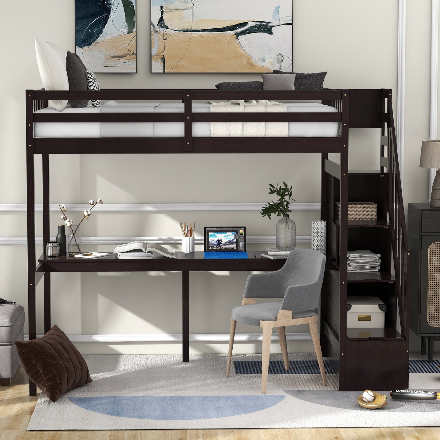 Twin Size Loft Bed with Storage Staircase and Built-in Desk - Espresso