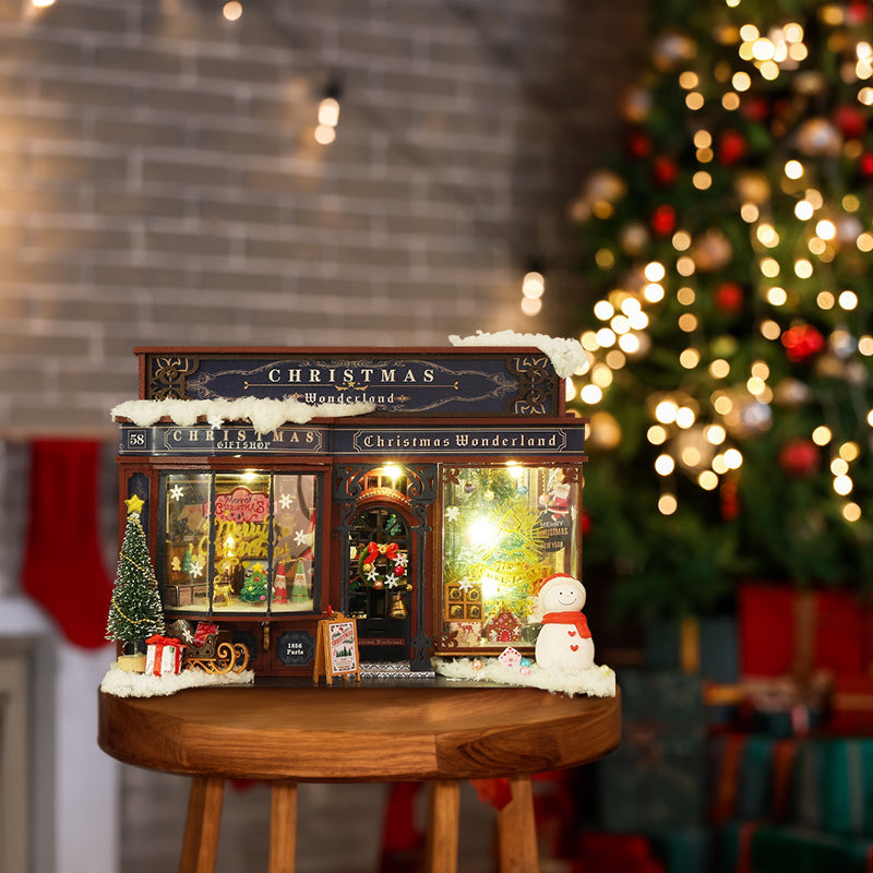 Maisons de poupées en bois DIY Joyeux Noël Wonderland avec lumière LED