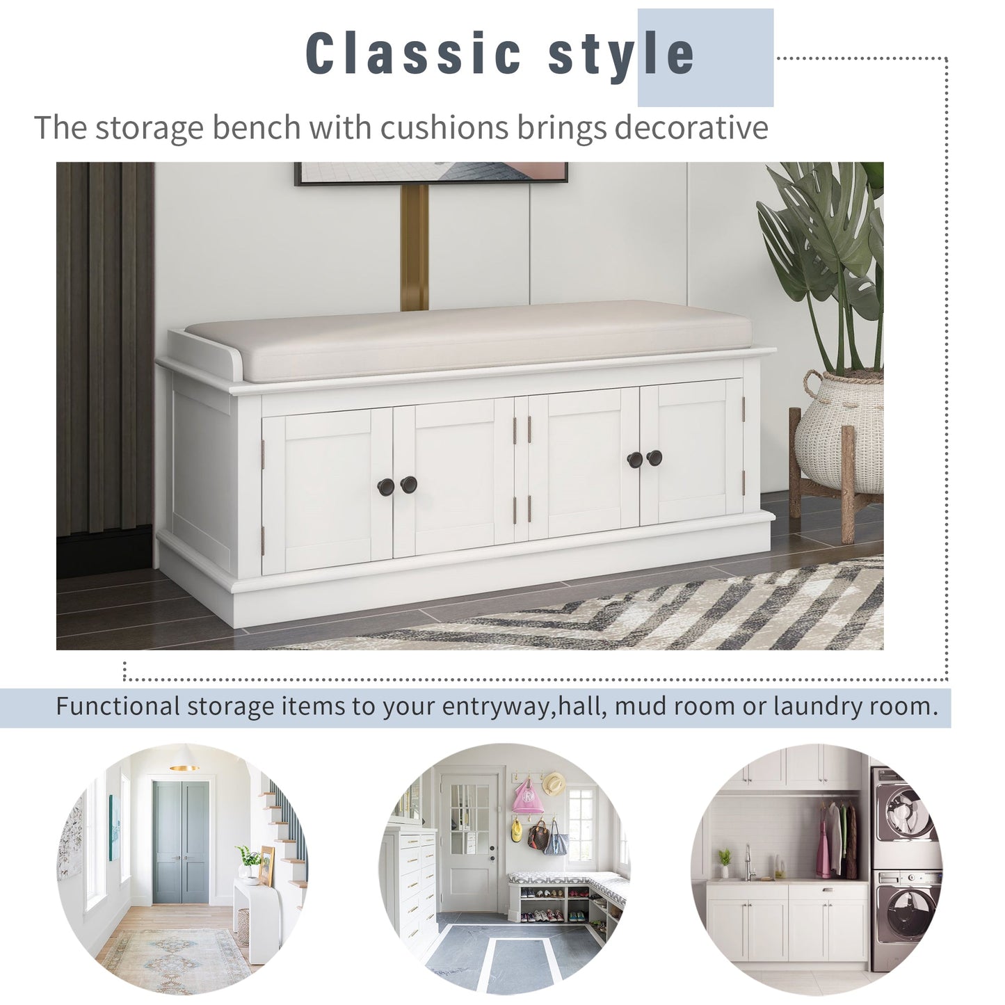 TREXM Storage Bench with Adjustable Doors and Padded Shoe Stand