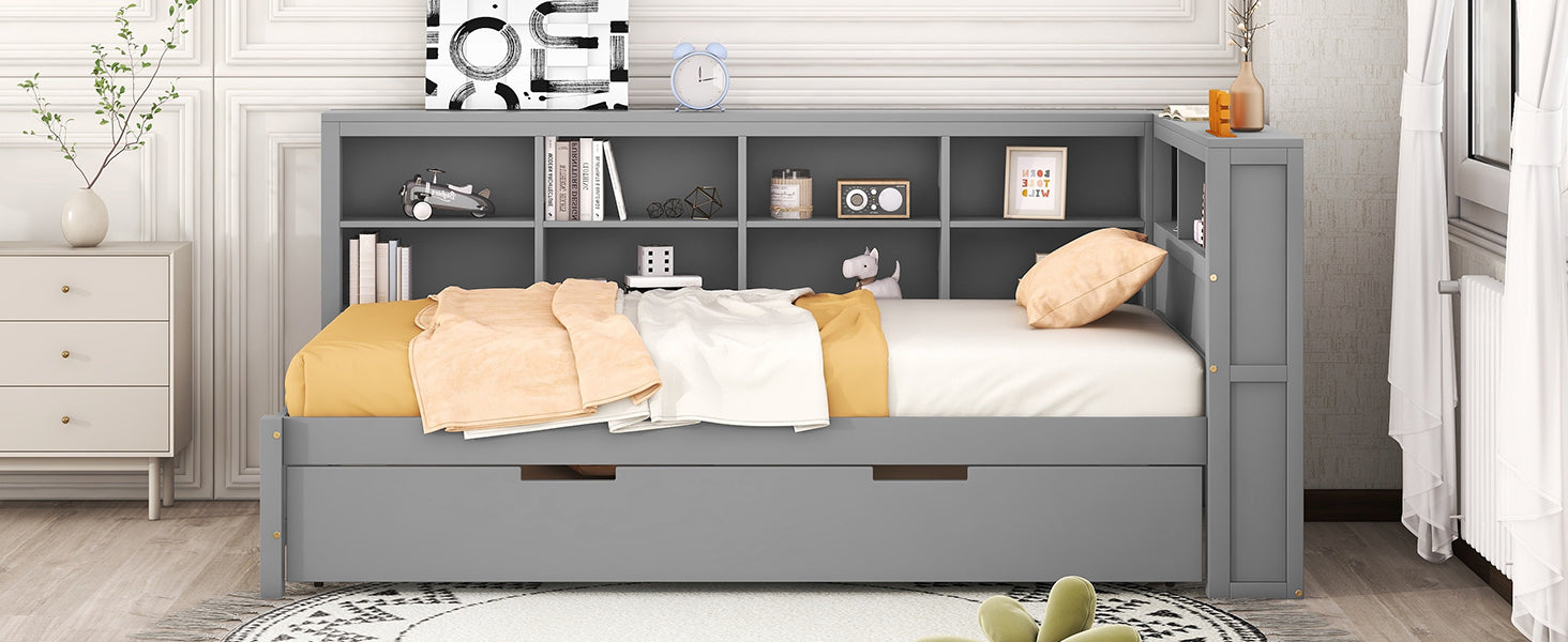 Wooden Twin Size DayBed with Twin Size Trundle, DayBed with Storage Shelf and USB Charging Ports,Grey - Korvel