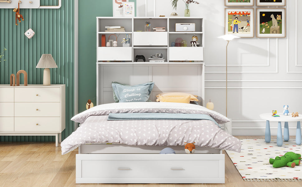 ueen Size Murphy Bed with Bookcase, Bedside Shelves and a Big Drawer, White - Korvel