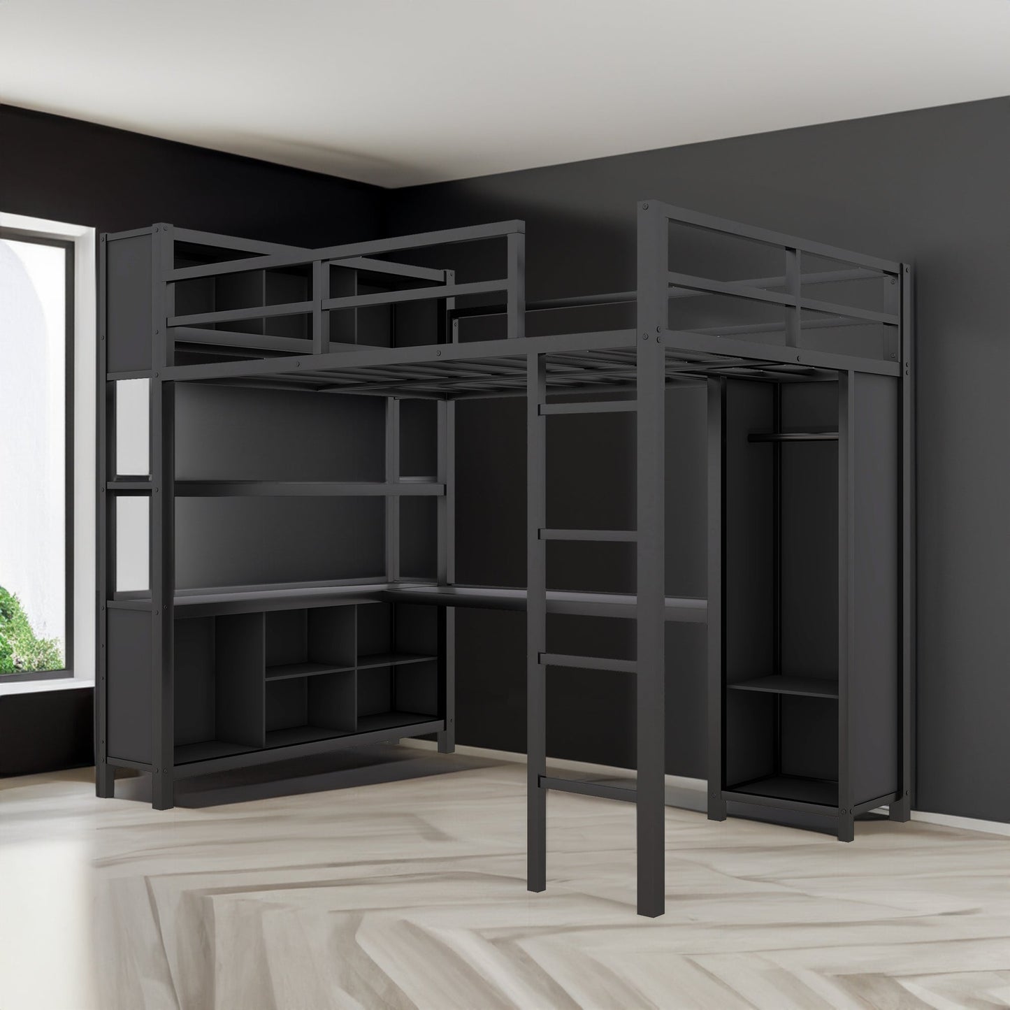 Lit mezzanine en métal premium avec armoire et bureau