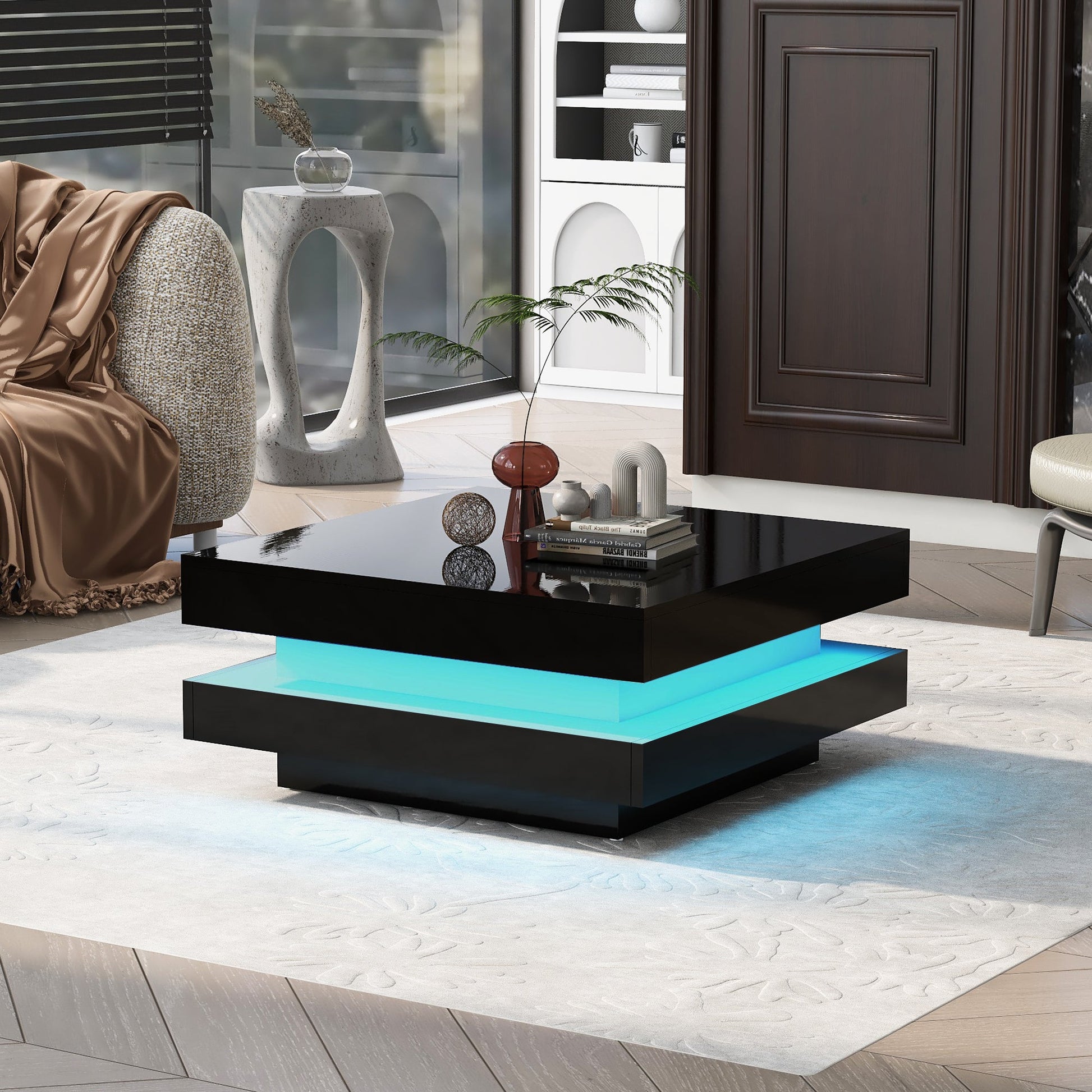 ON-TREND High Gloss Minimalist Design with LED Lights 2-Tier Square Coffee Table Black - Korvel